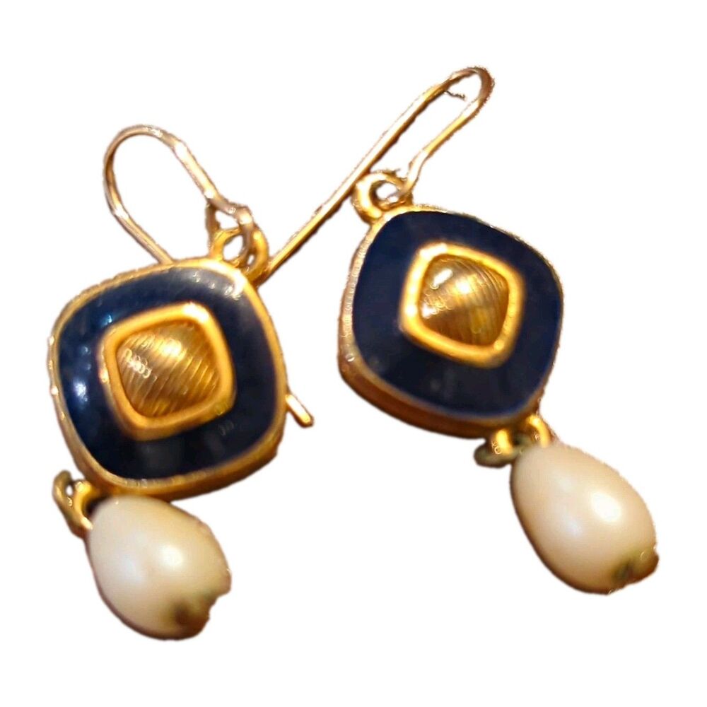 Gold-Tone Blue Square Drop Hook Earrings with White Teardrop Pearl Dangle